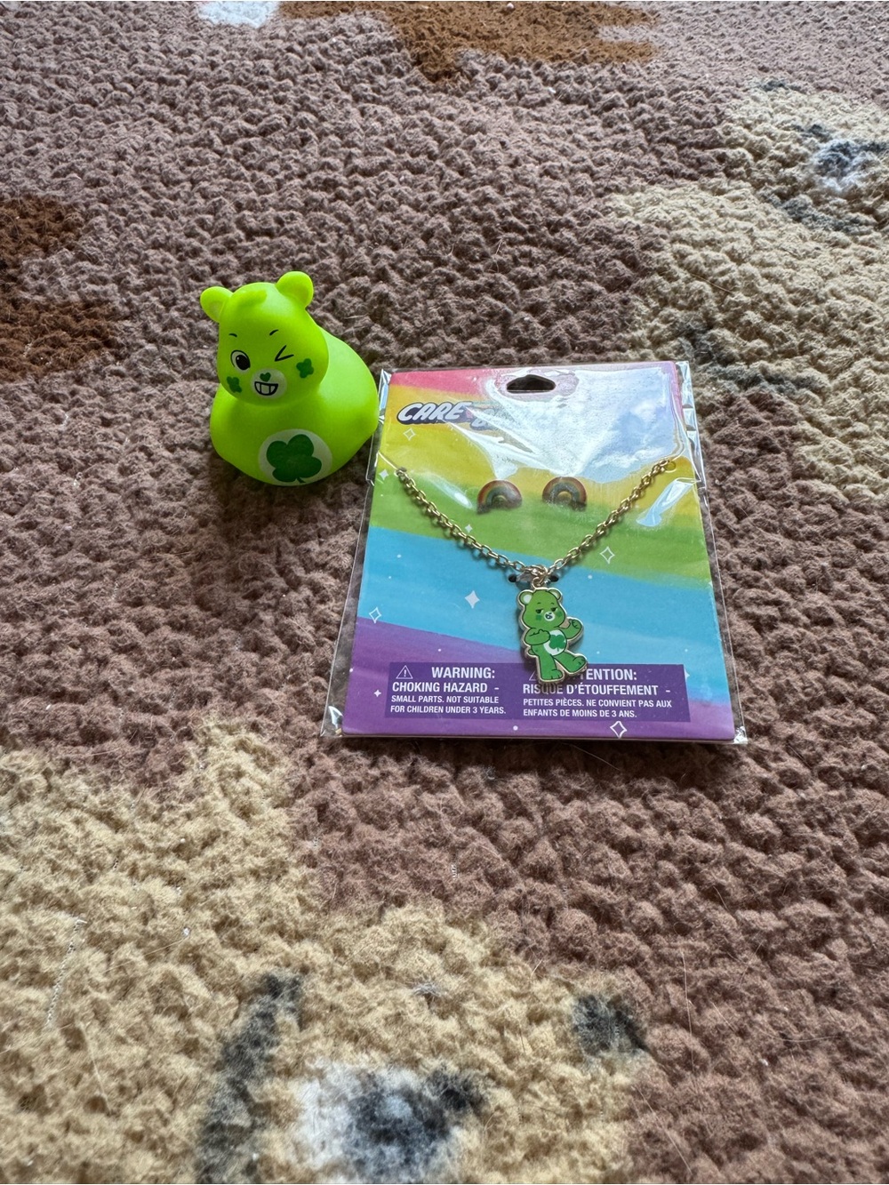 Adorable good luck bear necklace and earrings and rubber duckie